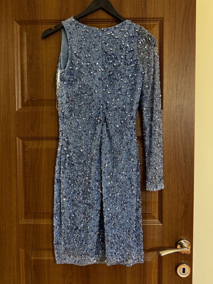 Cengiz AKTÜRK .Tek Kollu, Çapraz Yaka Mavi Midi Abiye Elbise - Görsel 2