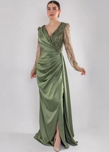 Uzun Kol İşlemeli Haki Drapeli Abiye Elbise - Görsel 3