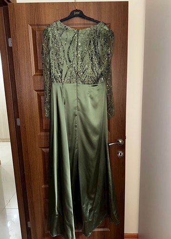 Uzun Kol İşlemeli Haki Drapeli Abiye Elbise - Görsel 2