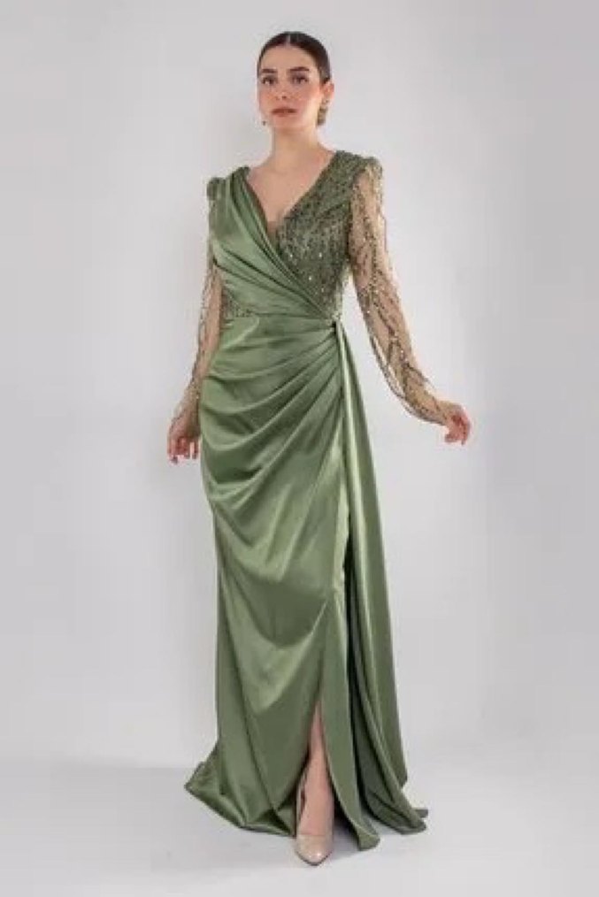 Uzun Kol İşlemeli Haki Drapeli Abiye Elbise - Görsel 3