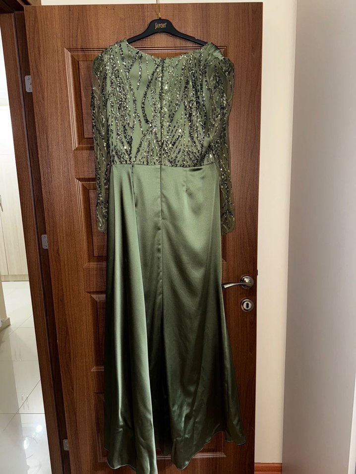 Uzun Kol İşlemeli Haki Drapeli Abiye Elbise - Görsel 2