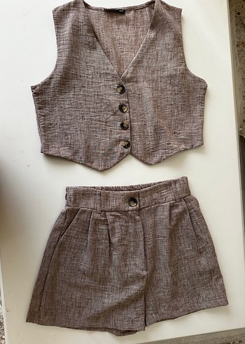 Bej Keten Düğmeli V Yaka ikili takım - Görsel 3