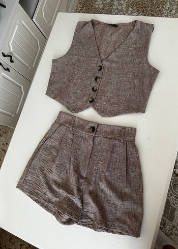 Bej Keten Düğmeli V Yaka ikili takım - Görsel 2