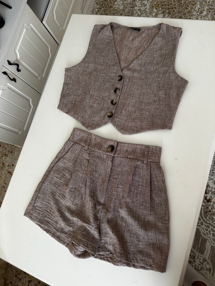 Bej Keten Düğmeli V Yaka ikili takım - Görsel 2