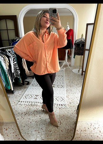 Turuncu Salaş Uzun Kollu Kadın Gömlek - Görsel 2