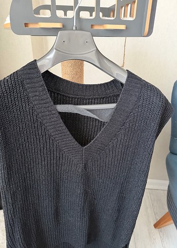 V Yaka Gri Triko Kadın Süveter - Görsel 4