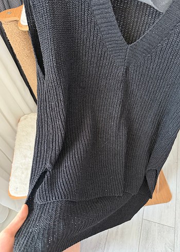 V Yaka Gri Triko Kadın Süveter - Görsel 5