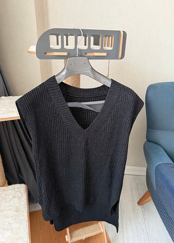 V Yaka Gri Triko Kadın Süveter - Görsel 3