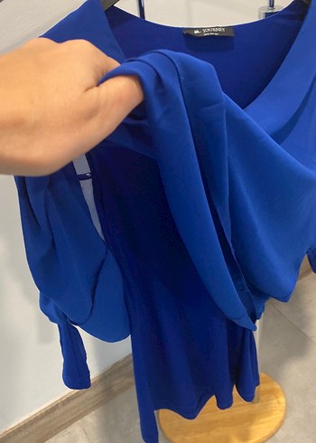 Mavi Saten Görünümlü Salaş Bluz - Görsel 5
