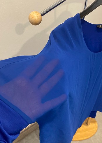 Mavi Saten Görünümlü Salaş Bluz - Görsel 3