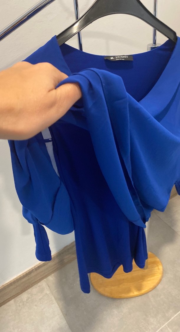 Mavi Saten Görünümlü Salaş Bluz - Görsel 5