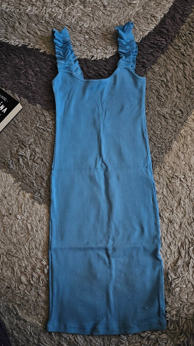 Mavi Fırfırlı Kolsuz Triko Elbise - Görsel 2