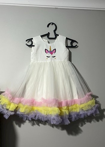 Kız Çocuk Beyaz Unicorn Nakışlı Fırfırlı Elbise - Görsel 2