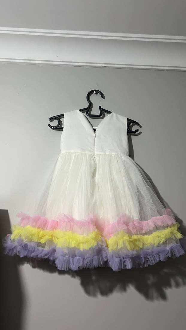 Kız Çocuk Beyaz Unicorn Nakışlı Fırfırlı Elbise - Görsel 3