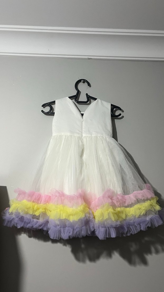 Kız Çocuk Beyaz Unicorn Nakışlı Fırfırlı Elbise - Görsel 4