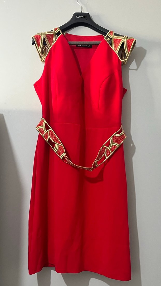 Nakışlı Kemerli Uzun Kırmızı Abiye Elbise - Görsel 3