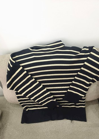 Kadın Çizgili Polo Yaka Triko Kazak - Görsel 3