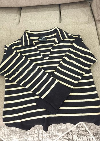 Kadın Çizgili Polo Yaka Triko Kazak - Görsel 2