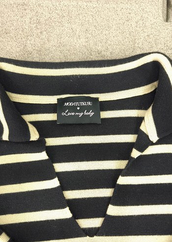 Kadın Çizgili Polo Yaka Triko Kazak - Görsel 4