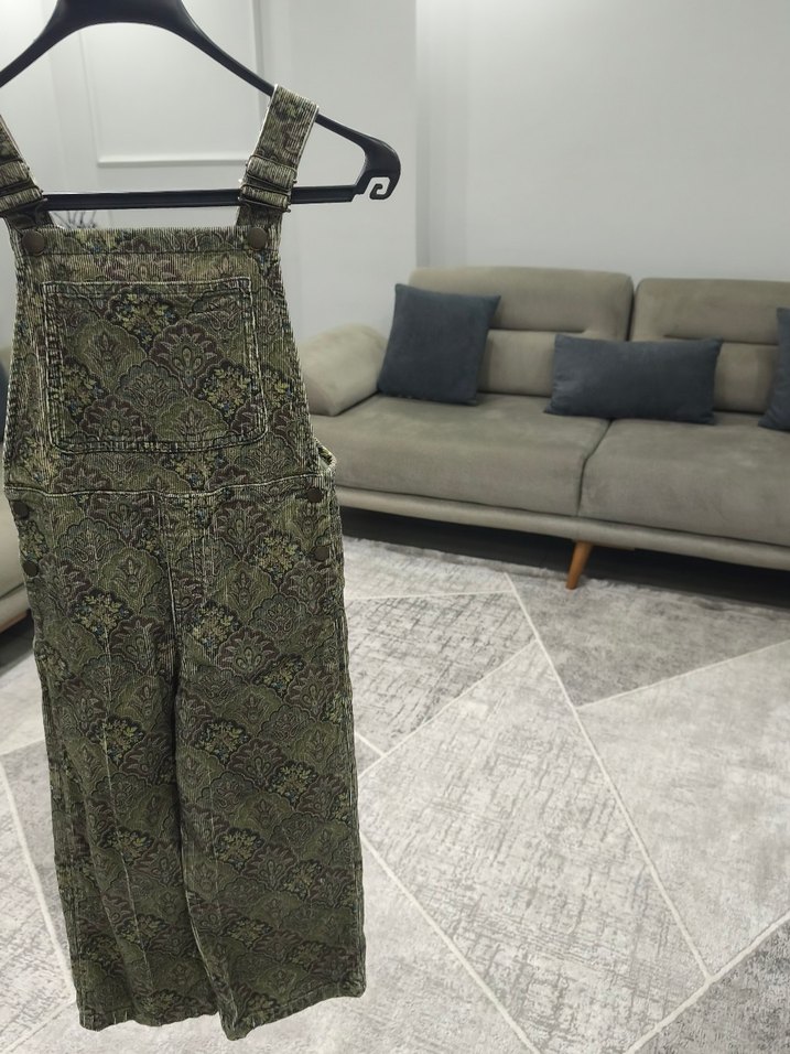 yeşil ve kahverengi Desenli Kadın Uzun Salopet kadife kumaş - Görsel 2