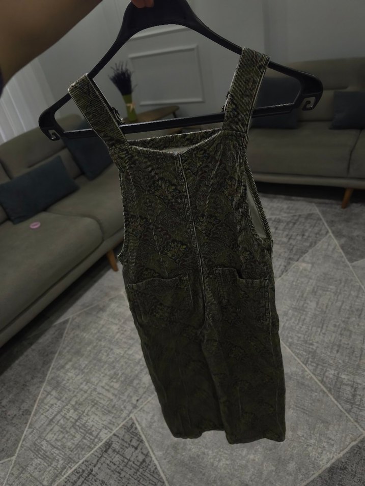 yeşil ve kahverengi Desenli Kadın Uzun Salopet kadife kumaş - Görsel 5