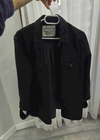 Siyah Kadın Denim gömlek, Normal Boy, Düğmeli - Görsel 2