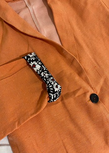 Düğmeli turuncu Midi Keten Blazer - Görsel 2