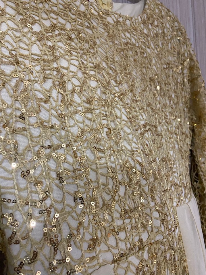 Altın Renkli İşlemeli Uzun Abiye Elbise - Görsel 4