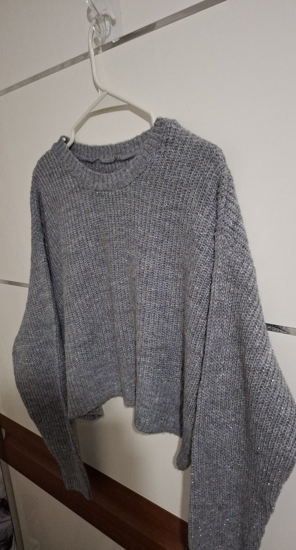 Gri Kadın Triko Bisiklet Yaka Kazak - Görsel 2