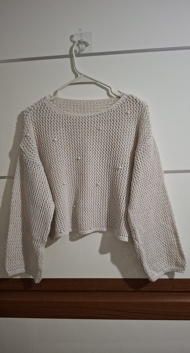 İnci Detaylı Krem Bohem Örgü Kazak - Görsel 2