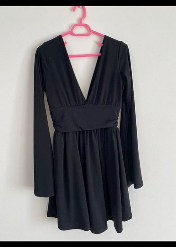 Siyah V Yaka Uzun Kollu Mini Elbise - Görsel 2