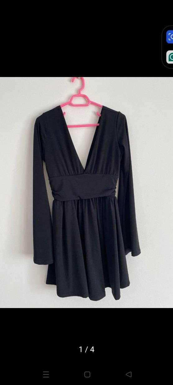 Siyah V Yaka Uzun Kollu Mini Elbise - Görsel 2