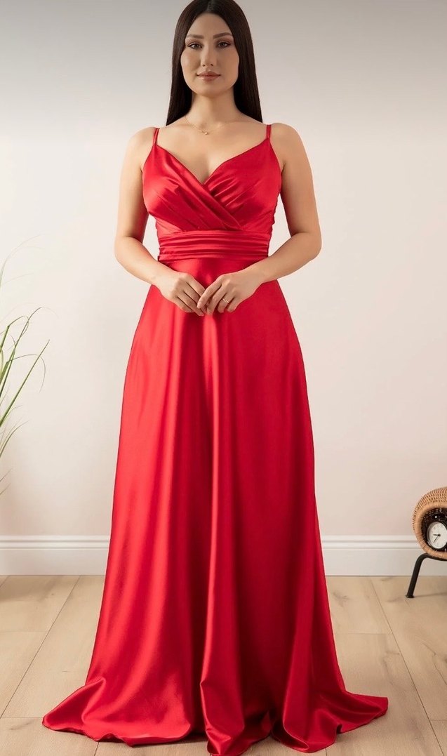 Saten Kırmızı Straplez Uzun Abiye - Görsel 3