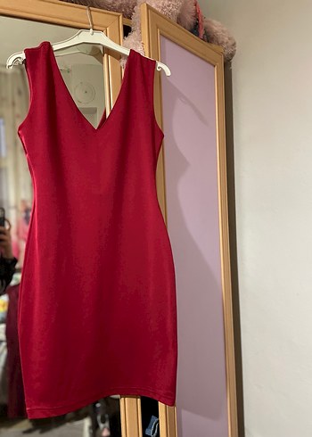 Bordo V Yakalı Drapeli Midi Elbise - Görsel 2