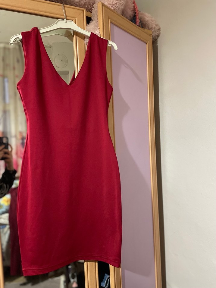 Bordo V Yakalı Drapeli Midi Elbise - Görsel 2