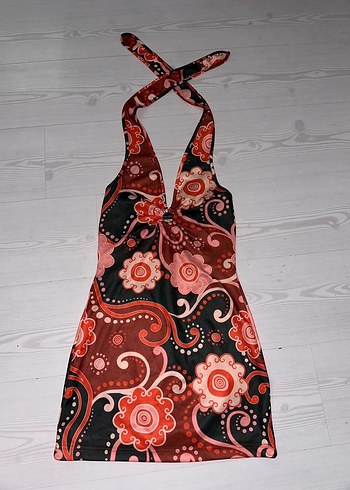 Çiçek Desenli Bohem Halter Mini Elbise - Görsel 2