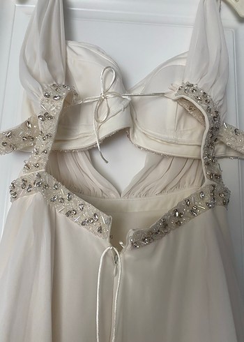 Bej Nakışlı Drapeli Uzun Abiye Elbise nikah ve after kıyafeti - Görsel 6