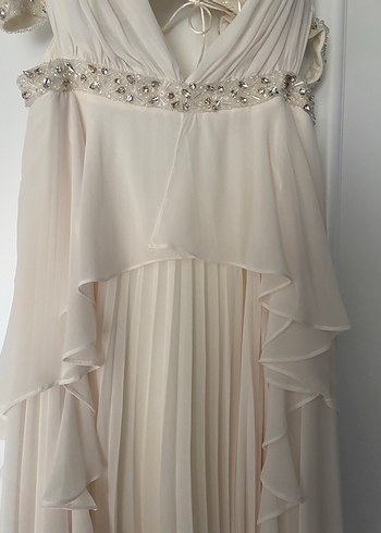 Bej Nakışlı Drapeli Uzun Abiye Elbise nikah ve after kıyafeti - Görsel 7