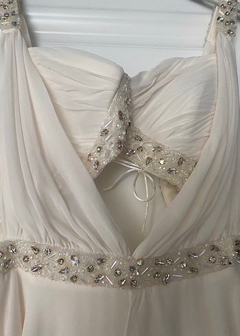 Bej Nakışlı Drapeli Uzun Abiye Elbise nikah ve after kıyafeti - Görsel 2