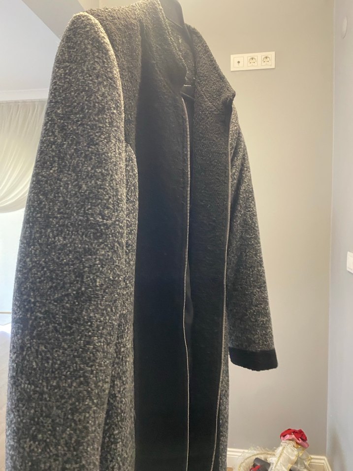 Gri Fermuarlı Yün Uzun kaban - Görsel 2