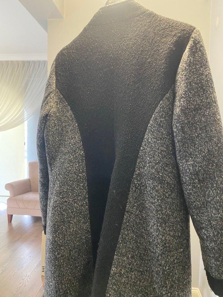 Gri Fermuarlı Yün Uzun kaban - Görsel 3