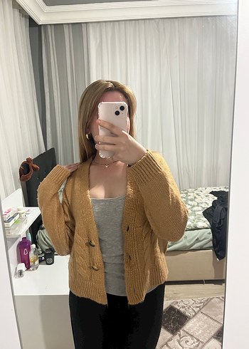 Bej V Yakalı Örgü Kadın Hırka - Görsel 2