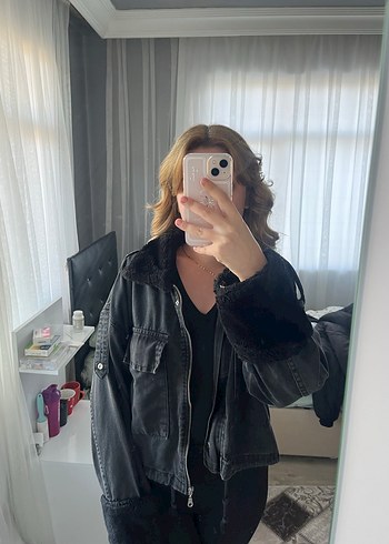 Siyah Kot Kürklü Street Style Ceket - Görsel 3