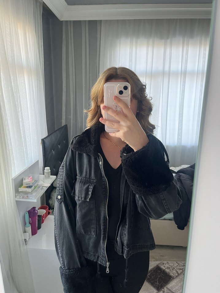 Siyah Kot Kürklü Street Style Ceket - Görsel 3