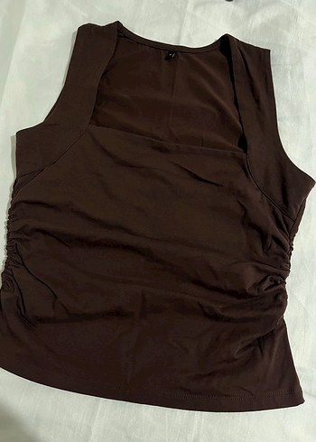 Kahverengi Kare Yaka Kolsuz Crop Top - Görsel 3