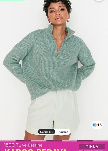 Milla Yarım Fermuarlı Yeşil Örgü Kadın Kazak  - Görsel 2