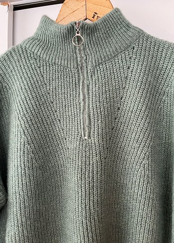 Milla Yarım Fermuarlı Yeşil Örgü Kadın Kazak  - Görsel 3