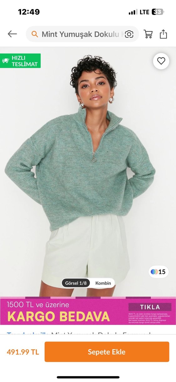 Milla Yarım Fermuarlı Yeşil Örgü Kadın Kazak  - Görsel 2