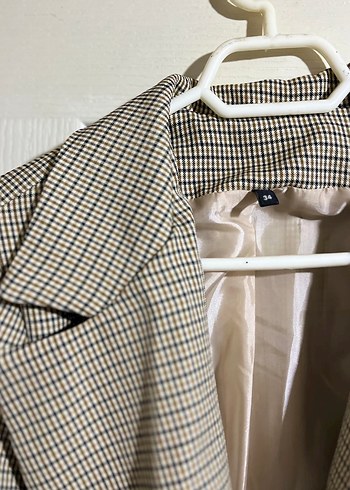 Düğmeli Beyaz Ekose Kadın Blazer Ceket - Görsel 2