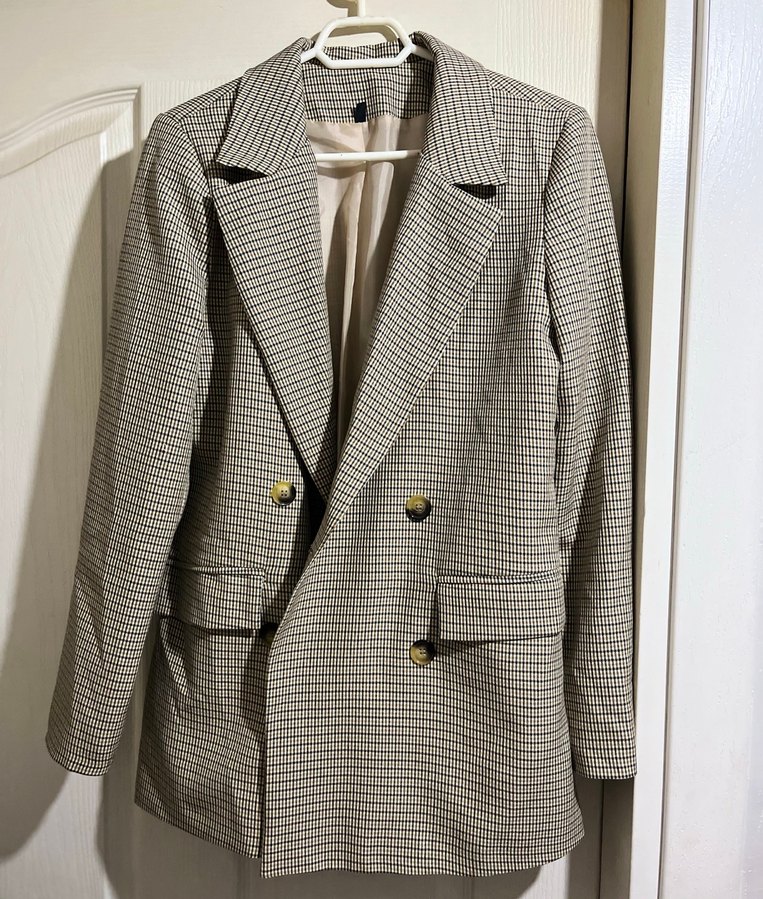 Düğmeli Beyaz Ekose Kadın Blazer Ceket - Görsel 4